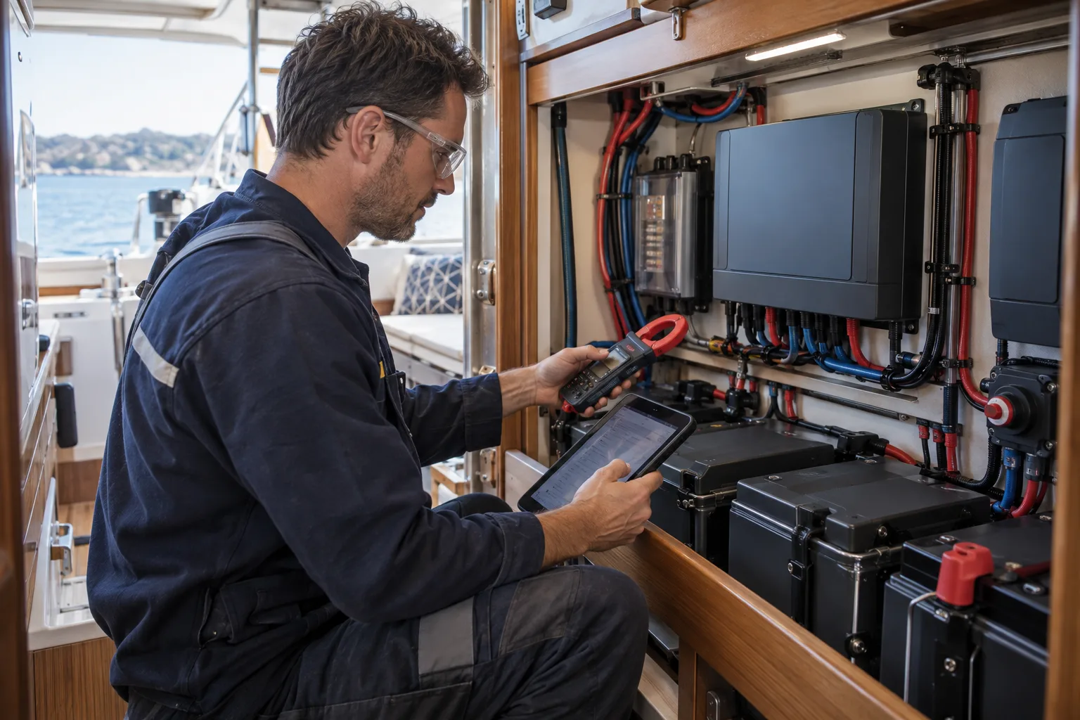 Marine electrician checking a yacht electrical system beside a lithium battery bank